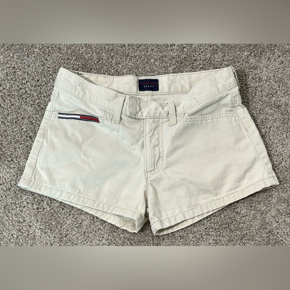 Vintage Y2K Tommy Hilfiger Low Rise Beige Denim Micro‎ Shorts size 6 Grunge